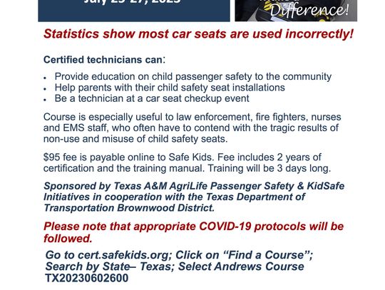 Child Passenger Safety Technician Training July 25-27 