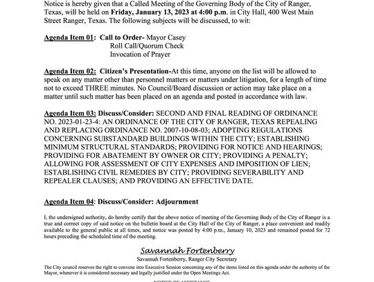 City of Ranger Called Meeting Friday, Jan. 13 at 4 pm 