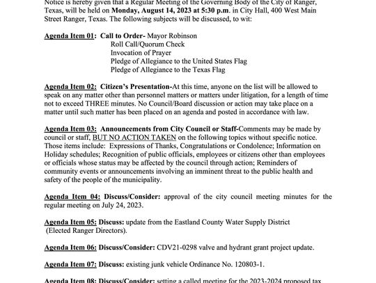 City of Ranger Meeting Mon. Aug. 14 at 5:30 p.m. 