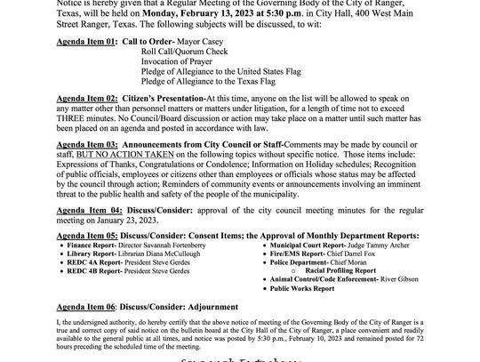 City of Ranger Meeting Monday, Feb. 13 at 5:30 p.m. 