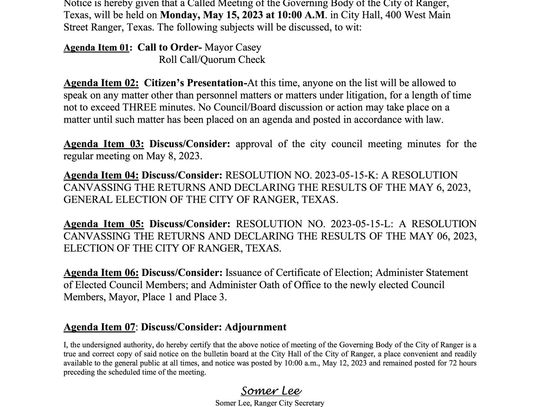 City of Ranger Meeting Monday, May 15 at 10 AM 