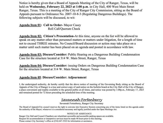 City of Ranger Meeting Wed., Feb. 22 at 1 p.m. 