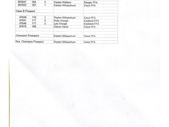 Eastland Co. Junior Livestock Results Market Hogs 