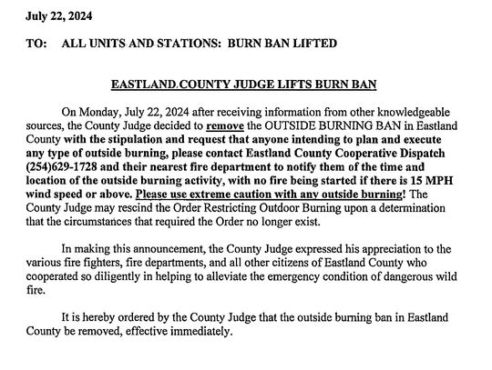 Eastland County Burn Ban Lifted