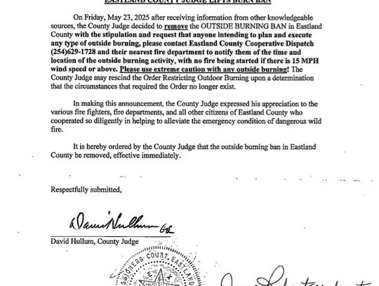 Eastland County Burn Ban Lifted