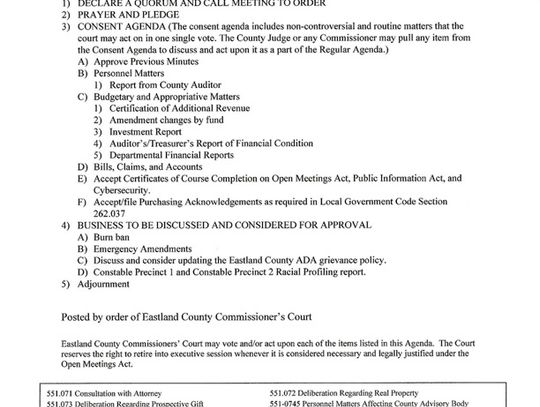 Eastland County Commissioners Court Jan. 12