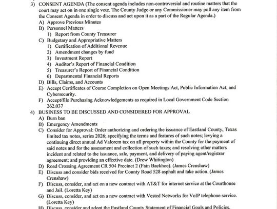 Eastland County Commissioners Court Meeting  12/8,  9 AM