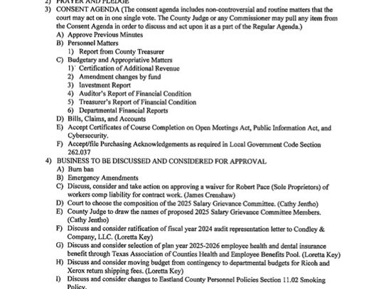 Eastland County Commissioners Court meeting 6/9/25 9 AM