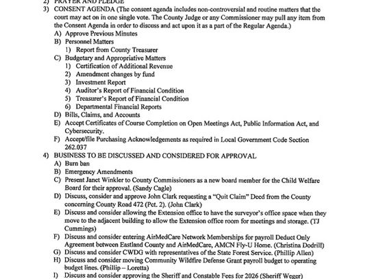 Eastland County Commissioners Court Meeting 7/28/25 at 9 AM