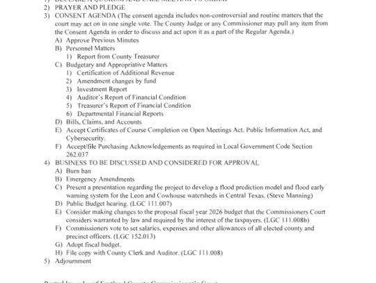 Eastland County Commissioners Court Meeting 8/25 at 9 AM