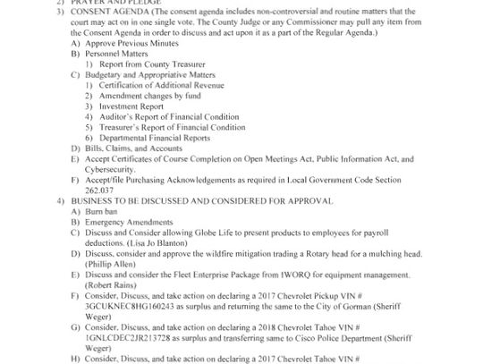 Eastland County Commissioners Court Meeting 9-8-25 at 9 AM