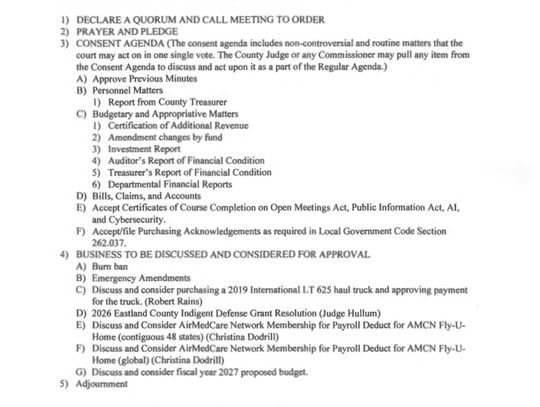 Eastland County Commissioners Court Meeting July 27 9 AM