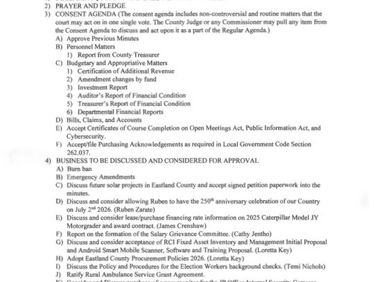 Eastland County Commissioners Court Meeting June 8