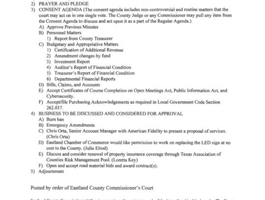 Eastland County Commissioners Court  Meeting  March 23 at 9 AM