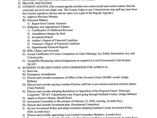 Eastland County Commissioners Court Meeting March 9 at 9 AM