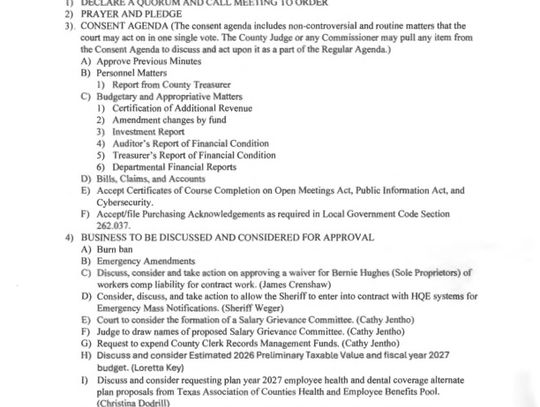 Eastland County Commissioners Court Meeting May 11 at 9 AM