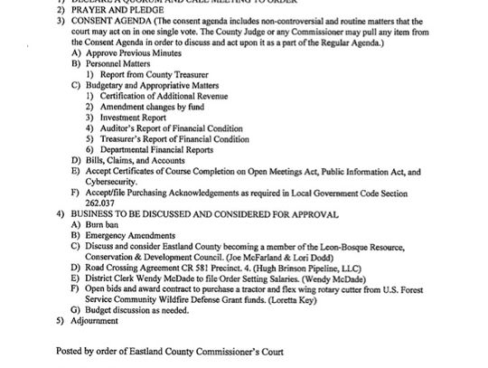 Eastland County Commissioners Court Meeting Mon., Aug. 18 at 9 AM