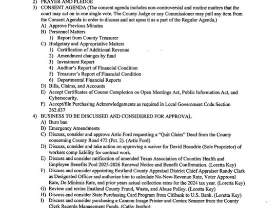 Eastland County Commissioners Court Meeting Mon., July 14