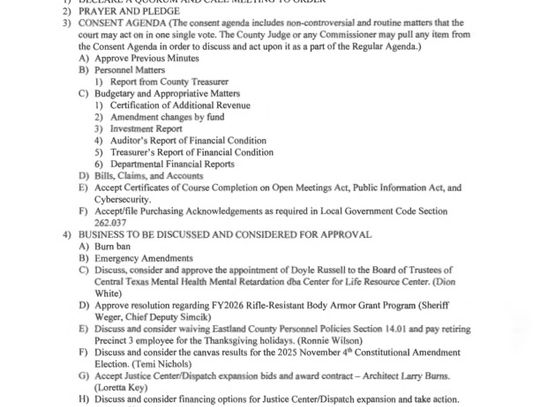 Eastland County Commissioners Court Meeting  Mon., Nov. 10