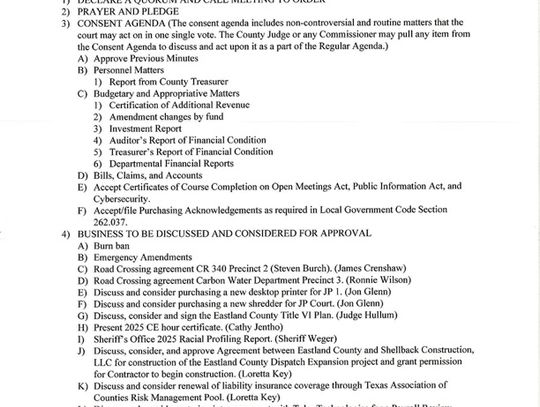 Eastland County Commissioners Court Meeting Changed to Jan. 28 at 9 AM