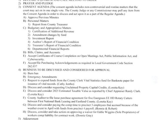 Eastland County Commissioners  Court Meeting Monday, May 12, 9 AM