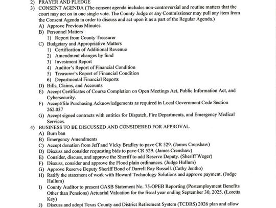 Eastland County Commissioners Court Meeting Monday, Oct. 27 at 9 AM