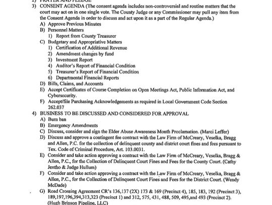 Eastland County Commissioners Court Meeting Tuesday, May 27