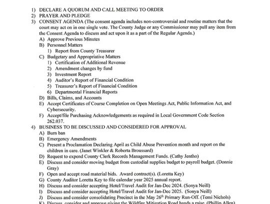 Eastland County Commissioners Court Monday, April 13 at 9 AM