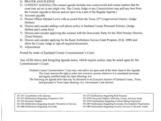 Eastland County Commissioners Court Special Meeting 01/05/26