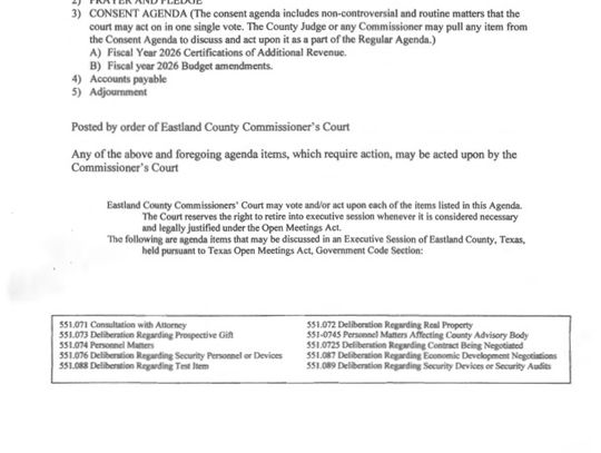 Eastland County Commissioners Court Special Meeting 10 /1/26 at 9 AM