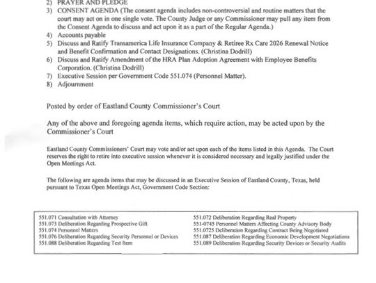 Eastland County Commissioners Court Special Meeting 10/6 at 9 AM
