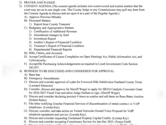 Eastland County Commissioners Court Special Meeting 5/4/26 at 9 AM