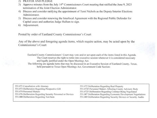 Eastland County Commissioners Court Special Meeting 7-21-25