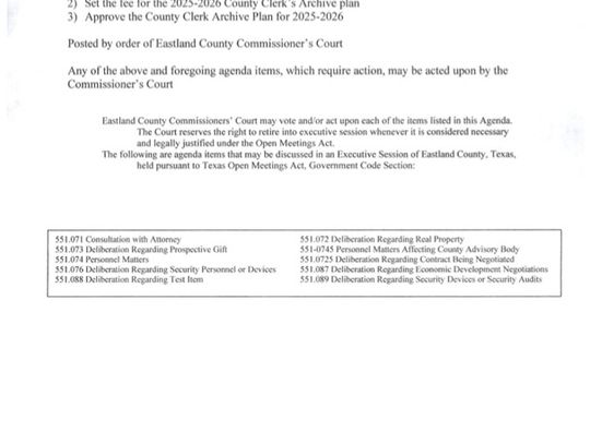 Eastland County Commissioners Court Special Meeting 8-11-25 at 8:45 AM