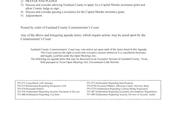 Eastland County Commissioners Court Special Meeting 8/28/25