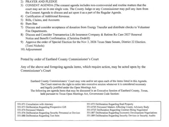 Eastland County Commissioners Court Special Meeting 9/8/26