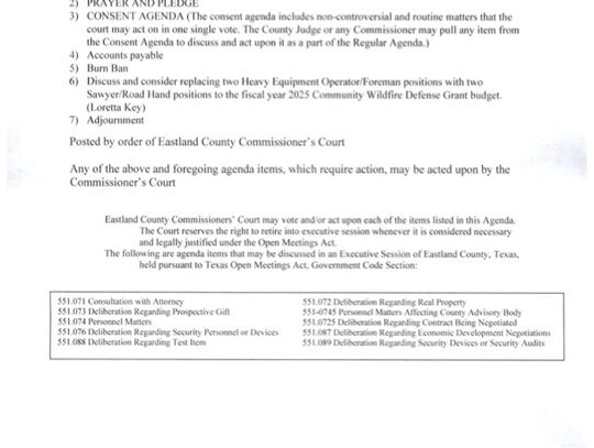Eastland County Commissioners Court Special Meeting Mon., May 5, 9 AM