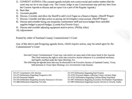 Eastland County Commissioners Court Special Meeting Monday, April 6 at 9 AM