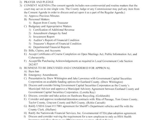 Eastland County Commissioners Court Special Meeting Oct. 1