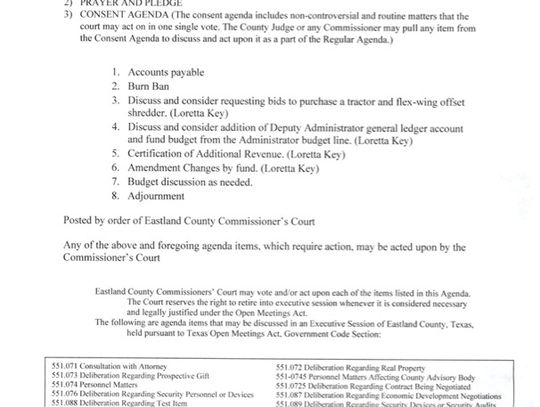 Eastland County Commissioners Court Special Meeting Tues., July 8