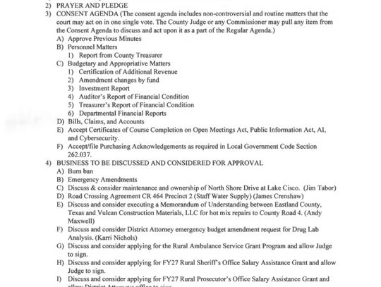 Eastland County Commissioners Meeting 8/10/26