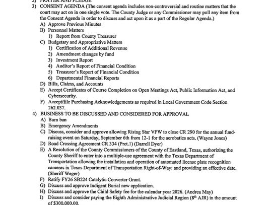 Eastland County Commissioners Meeting 8/11/25 at 9 AM