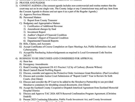 Eastland County Commissioners Meeting Mon., Feb. 9 at 9 AM