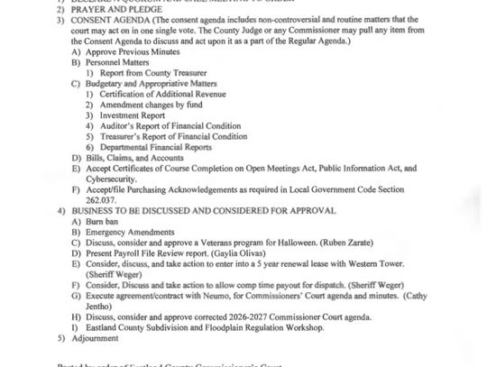 Eastland County Commissioners Meeting Monday, Sept. 28, 9 AM