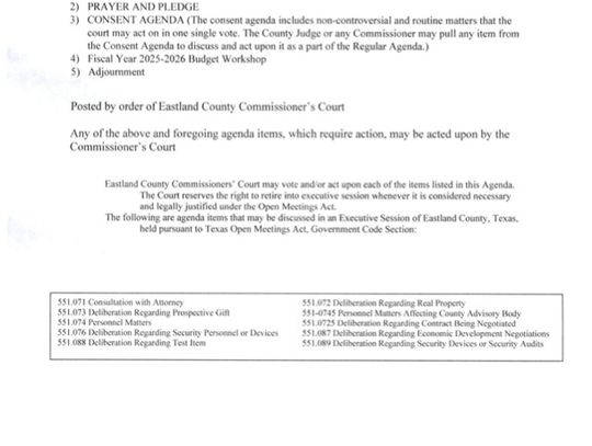 Eastland County Commissioners Special Meeting 6/25/2025