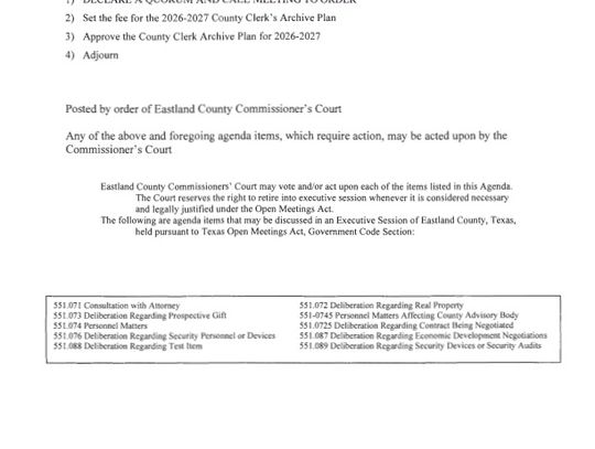 Eastland County Commissioners Special Meeting 08/10/26