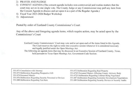 Eastland County Commissioners Special Meeting 6/26/25