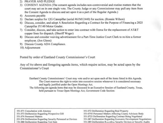 Eastland County Commissioners Special Meeting July 7 at 9 AM