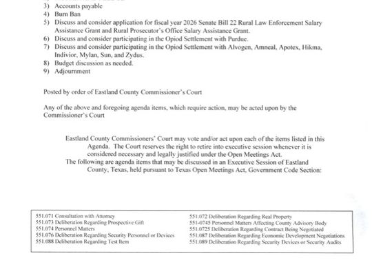 Eastland County Commissioners Special Meeting Mon., August 4 at 9 AM