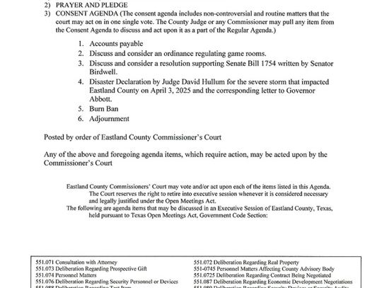 Eastland County Commissioners Special Meeting Monday, April 7 9 AM